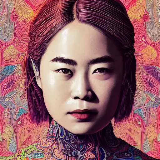 Image similar to portrait of mitski, an ultrafine detailed illustration by james jean, intricate linework, bright colors, final fantasy, behance contest winner, vanitas, angular, altermodern, unreal engine 5 highly rendered, global illumination, radiant light, detailed and intricate environment