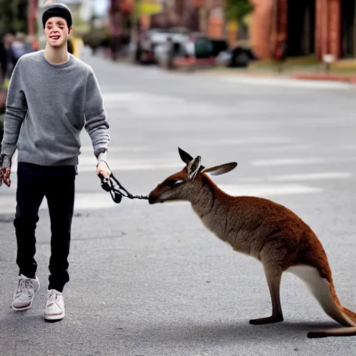 Image similar to Pete Davidson walking a kangaroo, 4k, photorealistic,