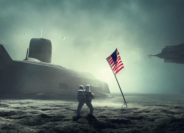 Image similar to astronaut holding a flag in an underwater desert. a submarine is visible in the distance. dark, concept art, cinematic, dramatic, atmospheric, 8 k, trending on artstation, blue, fish, low visibility, fog, ocean floor, christopher nolan, interstellar