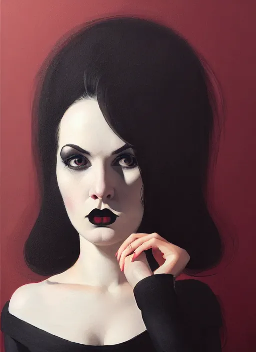 Image similar to portrait of a round faced woman with a crooked nose and a confident expression, 1 9 6 0 s, black clothes, goth, punk, funk, intricate, elegant, highly detailed, digital painting, artstation, concept art, smooth, sharp focus, illustration, art by wlop, mars ravelo and greg rutkowski