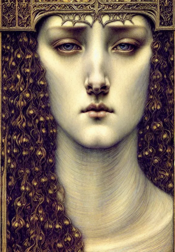 Image similar to detailed realistic beautiful young medieval queen face portrait by jean delville, gustave dore and marco mazzoni, art nouveau, symbolist, visionary, gothic, pre - raphaelite. horizontal symmetry