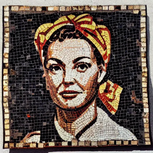 Image similar to a portrait of Rosie the riveter, worn Roman mosaic, found in Pompeii