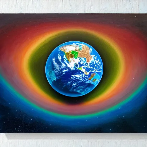 Image similar to view from space, rainbow rubber band ball planet, oil on canvas, portrait, intricate, 8 k highly professionally detailed, hdr, cgsociety