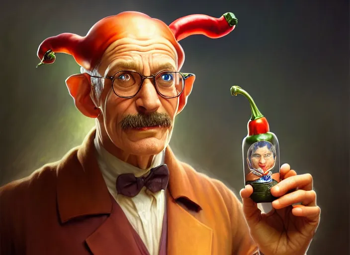 Image similar to anthropomorphic pepper doctor, diffuse lighting, fantasy, hospital background, intricate, elegant, highly detailed, lifelike, photorealistic, digital painting, artstation, illustration, concept art, smooth, sharp focus, art by frank frazetta and marco bucci and loish and rossdraws and artgerm and alphonse mucha