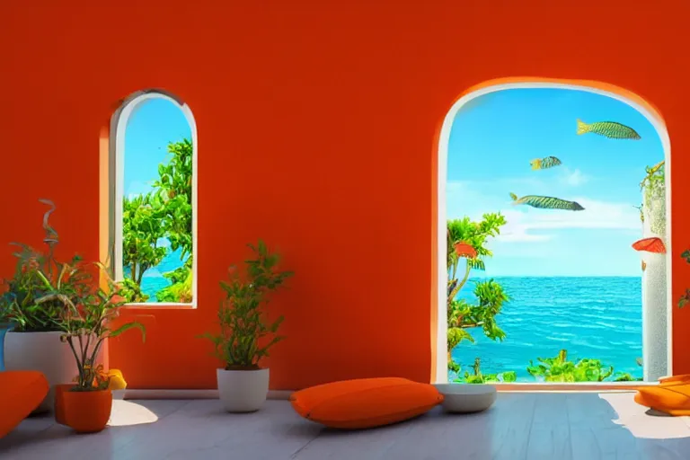 Image similar to a room of a villa with orange walls white floor plants, colorful aquarium, a big window with a view of the beach and sea, beautiful cinematic masterpiece very detailed