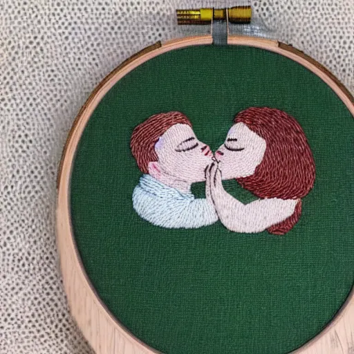 Prompt: a tiny beautiful handmade embroidery of a couple kissing. hand embroidery.