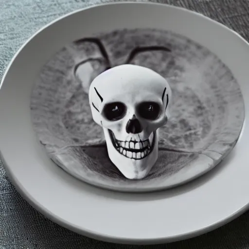 Prompt: a photo of the skeleton of pikachu on a plate