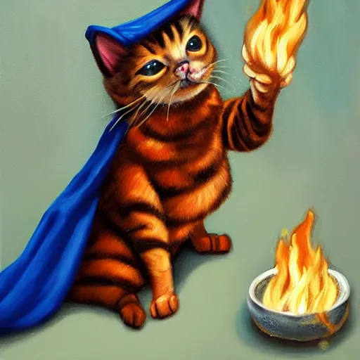 Image similar to An oil painting of cat wizard wearing blue robes casting a fire spell, digital art