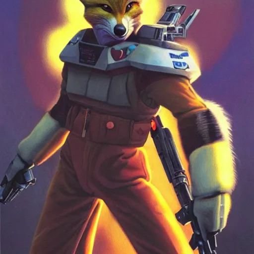 Image similar to a portrait of fox mccloud holding a blaster, suspenseful, heroic, anthropomorphic furry art, star fox, by jim burns, vincent di fate, and peter elson