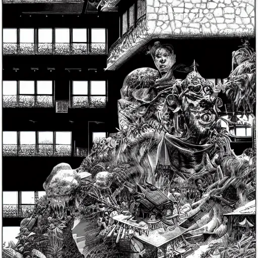 Image similar to 200 Hotels Manga panel award winning black and white art by Frank Zappa and Kim Jung Gi pen highly detailed pen and ink matte painting