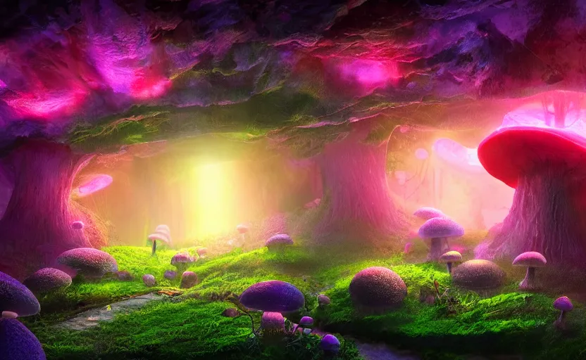 Image similar to a beautiful and stunning professional digital artwork of a glowing mushroom cave, haze, spores floating in the air, ruby geodes, waterfall, volumetric lighting, hyperrealistic, rtx on, ultra detail