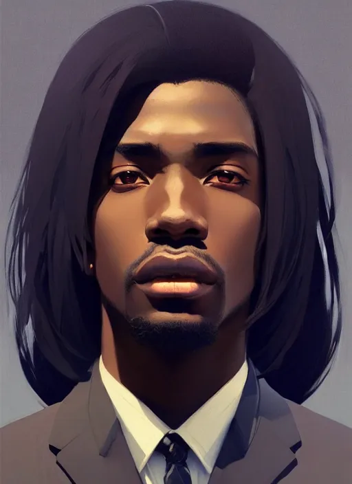 Image similar to a man in his twenties, black skin handsome, long hair, suit ， perfect face, symmetric eyes, sharp focus, specular reflection, occlusion shadow, artstation, by ilya kuvshinov and jeremy lipking, light novel cover art, 3 d epic illustrations, symmetric body