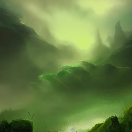 Image similar to roiling green fog clouds, artstation fantasy landscapes