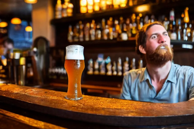 Image similar to a anthropomorphic pint of beer, customer, waits to be served by the bartender