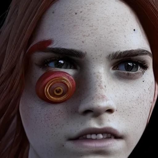 Image similar to textured film grain freckled face scatches and smudges emma watson as a pixar character cgsociety octane render unreal engine redshift render trending on artstation trending on artstation render blender behance cg superhero