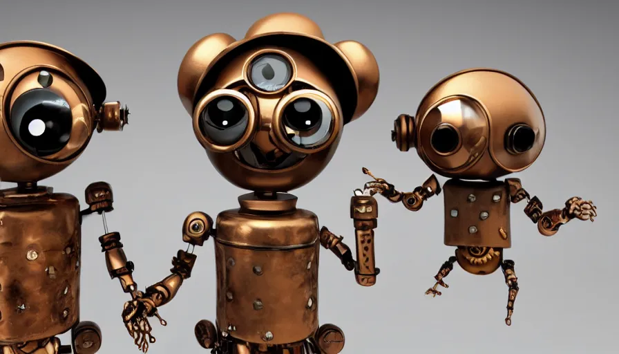 Image similar to two cute steampunk robots with human skin and large eyes smiling and waving, isolated on white background, 3D occlusion