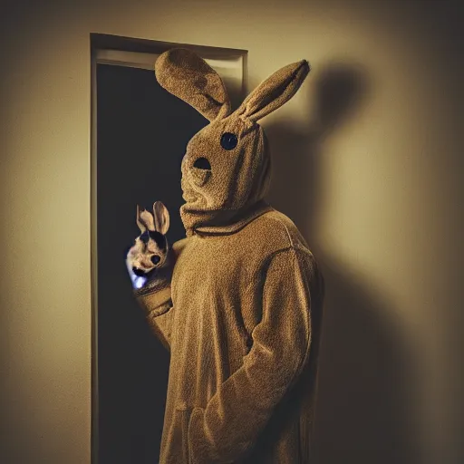 Image similar to Man with a rabbit costume in the attic, dark, shadows, night, 8k Photography