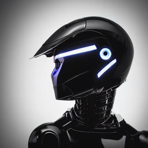 Image similar to Photo of robot with 20yo girl inside, LEDs visor helmet, profile pose, bust shot, high detail, studio, black background, smoke, sharp, cyberpunk, 85mm Sigma Art lens,