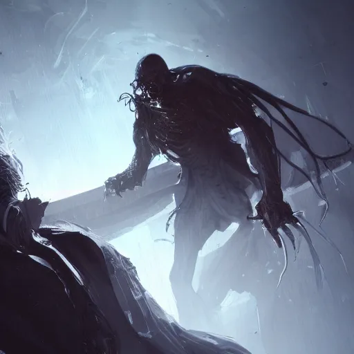 Image similar to A Doctor defeats the personification of Death, by Cedric Peyravernay, highly detailed, excellent composition, cinematic concept art, dramatic lighting, trending on ArtStation