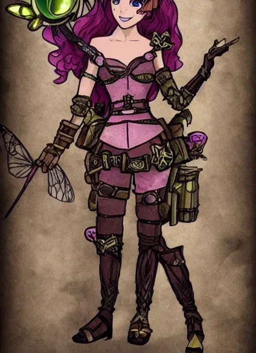 Prompt: Brown hair pink eye female faerie heart paladin planeteer + Tinkerbell +pixie hollow + steampunk + full dress + sparked and a full plate armor + D&D + full body