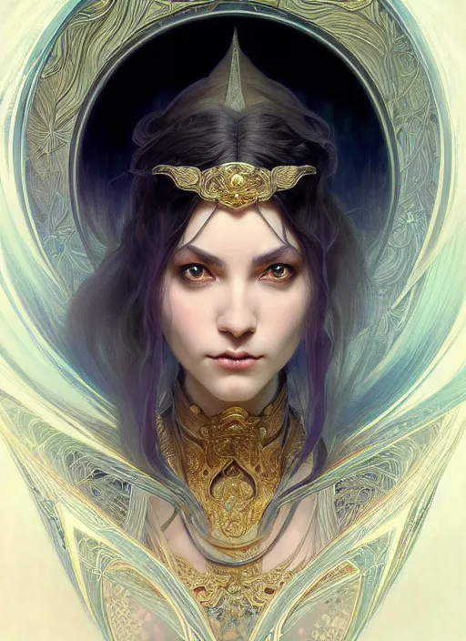 Image similar to symmetry!! portrait of a female sorcerer, dar fantasy, intricate, elegant, highly detailed, my rendition, digital painting, artstation, concept art, smooth, sharp focus, illustration, art by artgerm and greg rutkowski and alphonse mucha and huang guangjian and gil elvgren and sachin teng