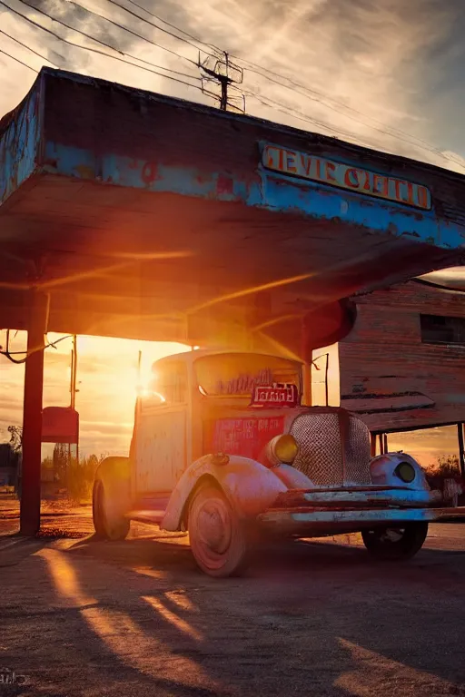 Image similar to a sunset light landscape with historical route 6 6, lots of sparkling details and sun ray ’ s, blinding backlight, smoke, volumetric lighting, colorful, octane, 3 5 mm, abandoned gas station, old rusty pickup - truck, beautiful epic colored reflections, very colorful heavenly, softlight