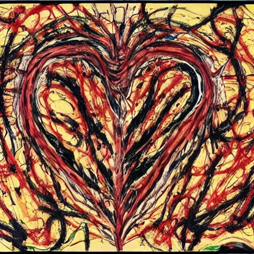 Prompt: ( ( ( ( anatomically correct human heart with atria, ventricles and aorta, medical textbook diagram ) ) ) ), jackson pollock painting