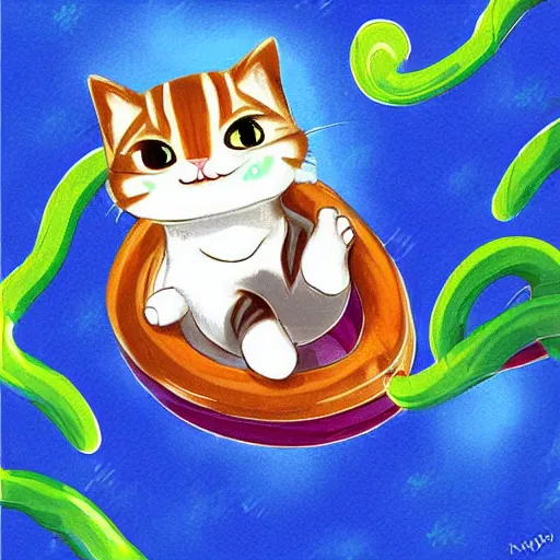 Image similar to a cute cat sliding down a water slide, digital art by Kawacy