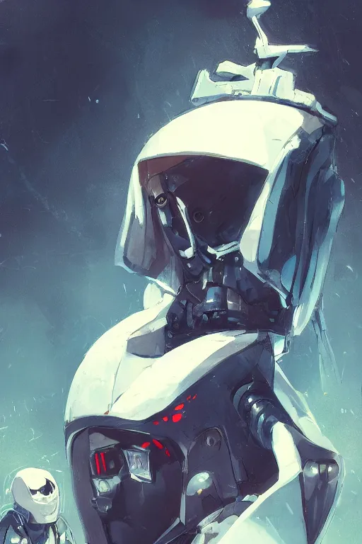 Image similar to Hooded hacker sitting on top of a anime mecha robot head, elegant, highly detailed, digital painting, artstation, concept art, smooth, flat brush strokes, illustration painted by Ashley wood and Bill Sienkiewicz balanced composition