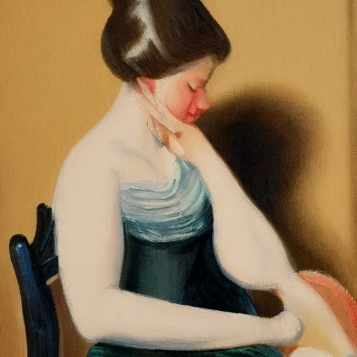 Image similar to a painting of a woman sitting on a chair in the style of margaret keene