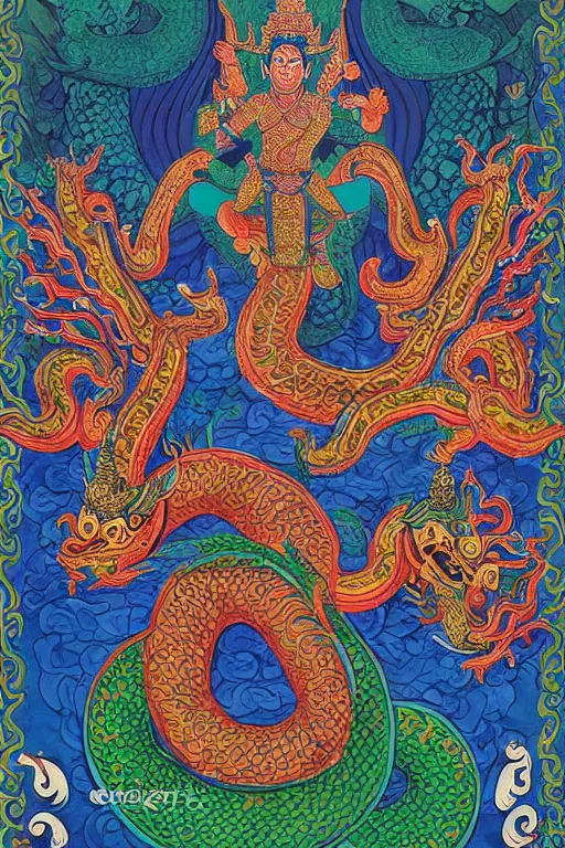 Prompt: naga art, mythical serpent southeast asian legends, thai traditional painting, royal thai art, guardian at the temple, garuda eagle, thai folklore, buddhist painting, thai dragon paintings by Chalermchai Kositpipat