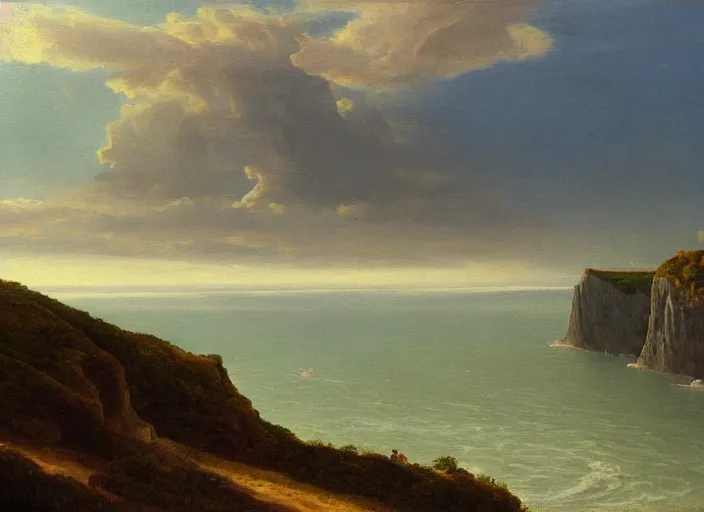 Image similar to cliffs of dover, uk in the style of hudson river school of art, oil on canvas