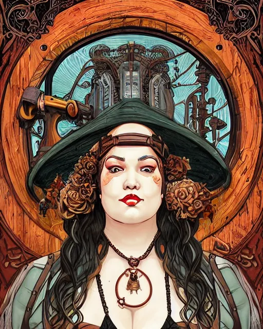 Image similar to a detailed portrait illustration of a steampunk necromancer. beautiful obese female face. art nouveau, pop art, comic book style. influenced by neil gaiman, h. p. lovecraft, dan mumford, karol bak, vadim voitekhovitch, killian eng, ross tran, cedric peyravernay.