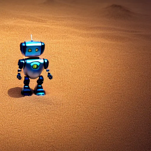 Image similar to a cute little robot out sand. super realistic 8 k render of a elegant, cinematic composition