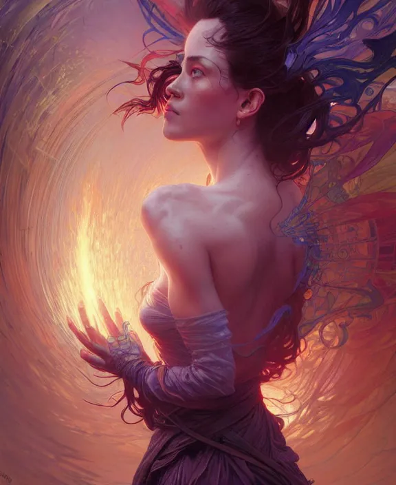 Image similar to a whirlwind of souls ushing inside the metaverse, half body, glowin eyes, d & d, fantasy, intricate, elegant, highly detailed, colorful, vivid color, digital painting, artstation, concept art, art by artgerm and greg rutkowski and alphonse mucha and ruan jia