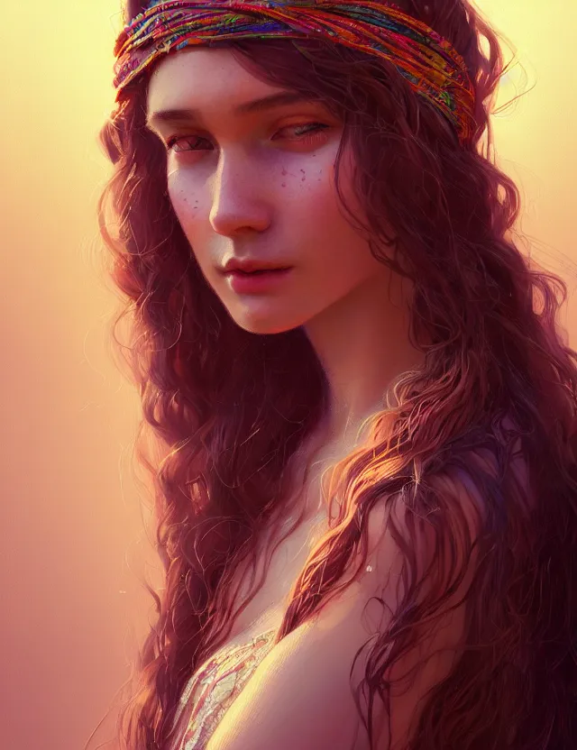 Image similar to portrait of a young woman wearing a boho dress, hippie girl, long hair, groovy hairband, bangs, intricate, smooth, groovy lighting, highly detailed, digital painting, artstation, concept art, smooth, sharp focus, illustration, art by wlop, mars ravelo and greg rutkowski