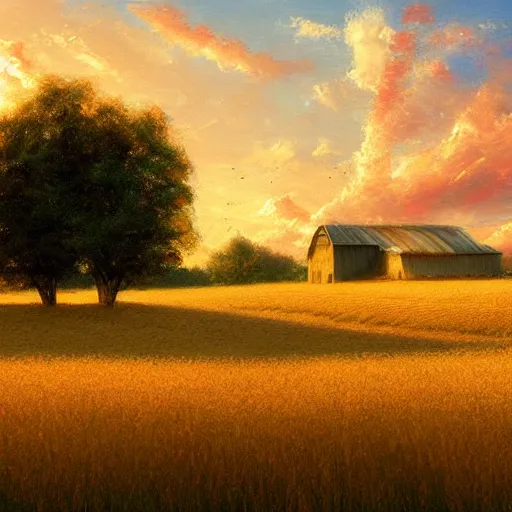 Image similar to a beautiful wheat field with a barn, with beautiful large fluffy pink clouds illuminated by the sun, in the style of craig mullins