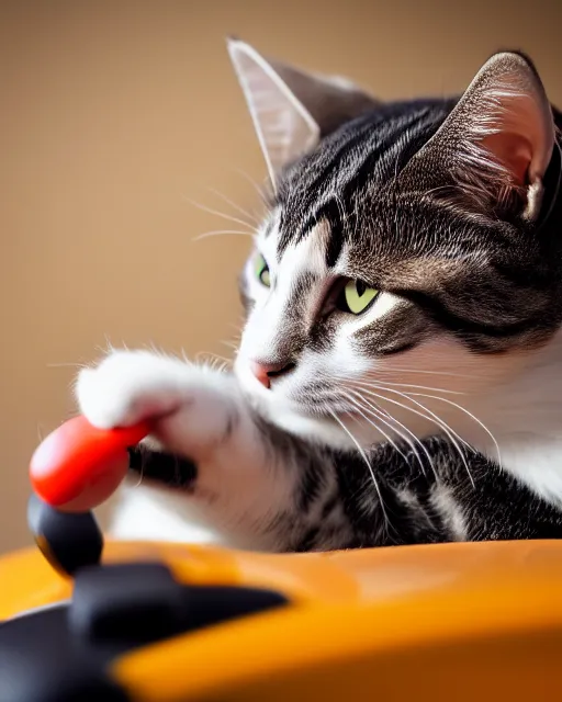 Image similar to high quality presentation photo of a cat biting a toy car, photography 4k, f1.8 anamorphic, bokeh, 4k, Canon, Nikon