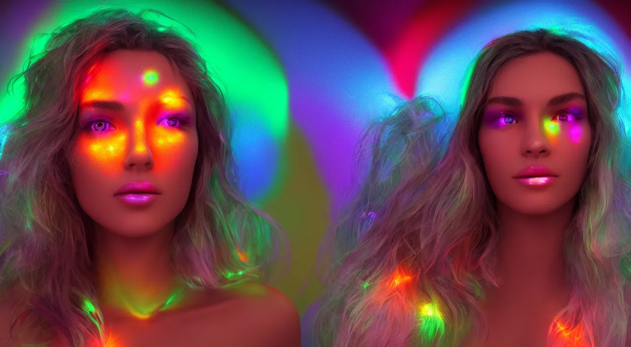 Prompt: beautiful woman with rainbow lights on her face, artists camera positions, 70mm, trending on artstation, octane render,