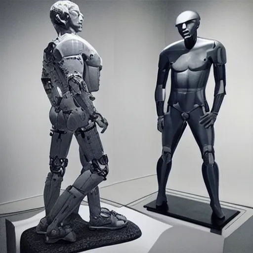 Image similar to “a realistic detailed photo of a guy who is an attractive humanoid who is half robot and half humanoid, who is a male android, actor Liam Hemsworth, shiny skin, posing like a statue, blank stare, at the museum, on display”