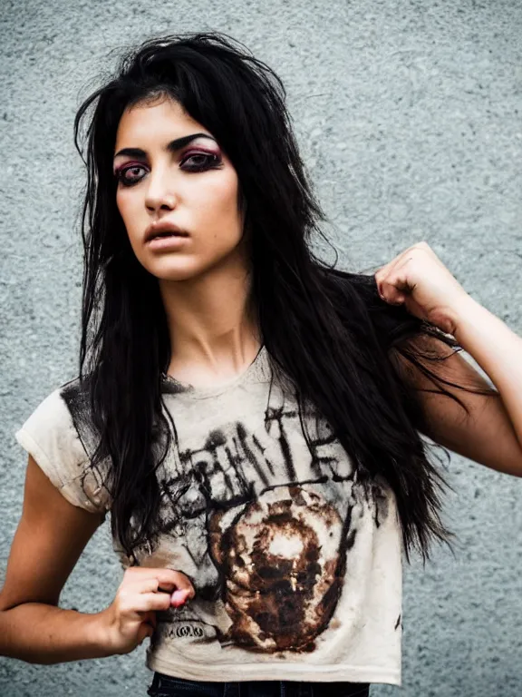 Prompt: hyperdetailed photo of a beautiful italian girl, brown eyes, dark hair, black makeup, skin, winds of winter, with tight ripped grunge crop t - shirt fine face, pretty face