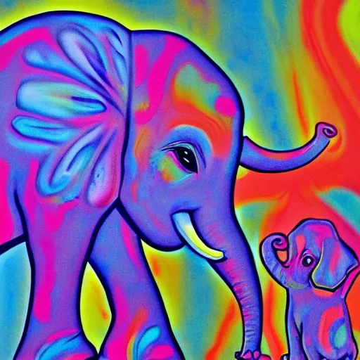 Prompt: psychedelic mother and baby elephant by nik ainley, vibrant, 8 k, colorful, abstract