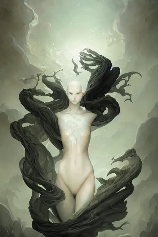 Prompt: a humanoid creature with pale white skin and intricate designs inset into its skin. the creature is bald. it is wearing a black flowing cloak that looks like mist. art by peter mohrbacher.