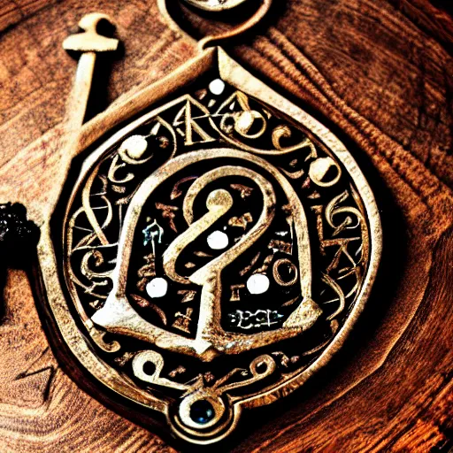 Image similar to a large ornate key with gems and engraved runes, on a rough wooden dungeon table, very dark, d & d, underexposed macro photo