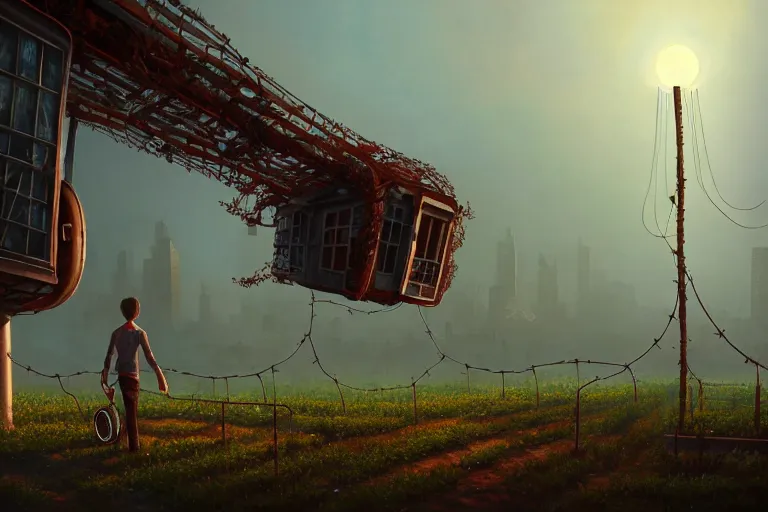 Image similar to a walking house on mechanical legs, rust, vines, city in background, hyperrealistic, highly detailed, cinematic, single ray of sun, fog, beautiful, cgssociety, artstation, 8 k, oil painting