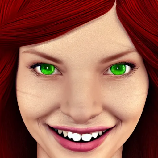 Prompt: a smiling woman with red hair, green eyes, dimples, and rosy cheeks, digital art