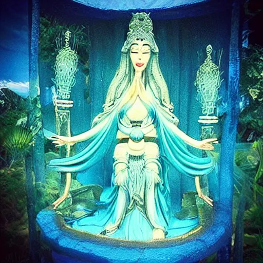 Image similar to “a beautiful singular river goddess blessing with magical dark fantasy power blueish in hue”