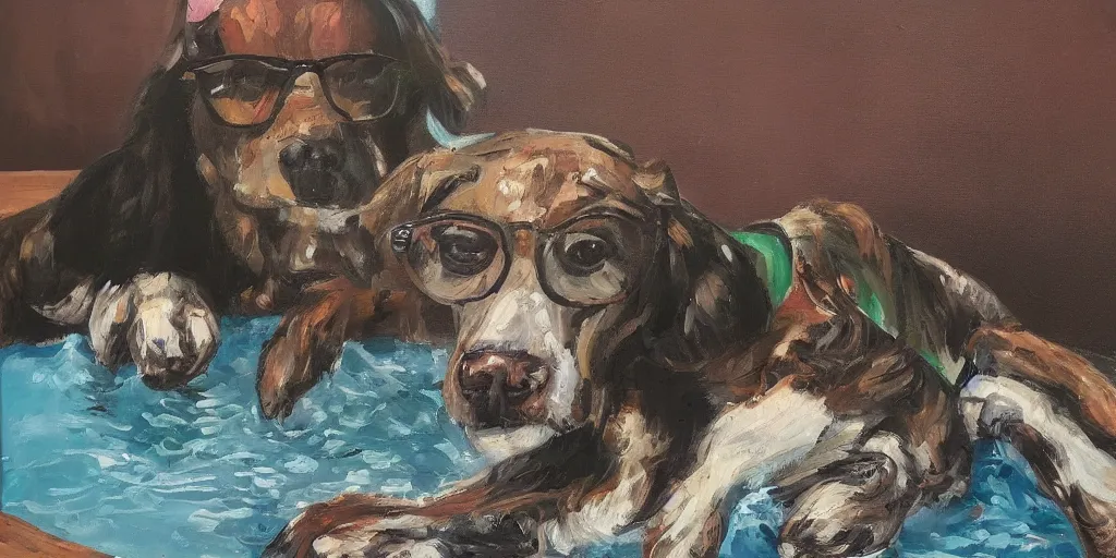 An oil painting of Diffusion | next with dog to a Stable glasses sitting | OpenArt