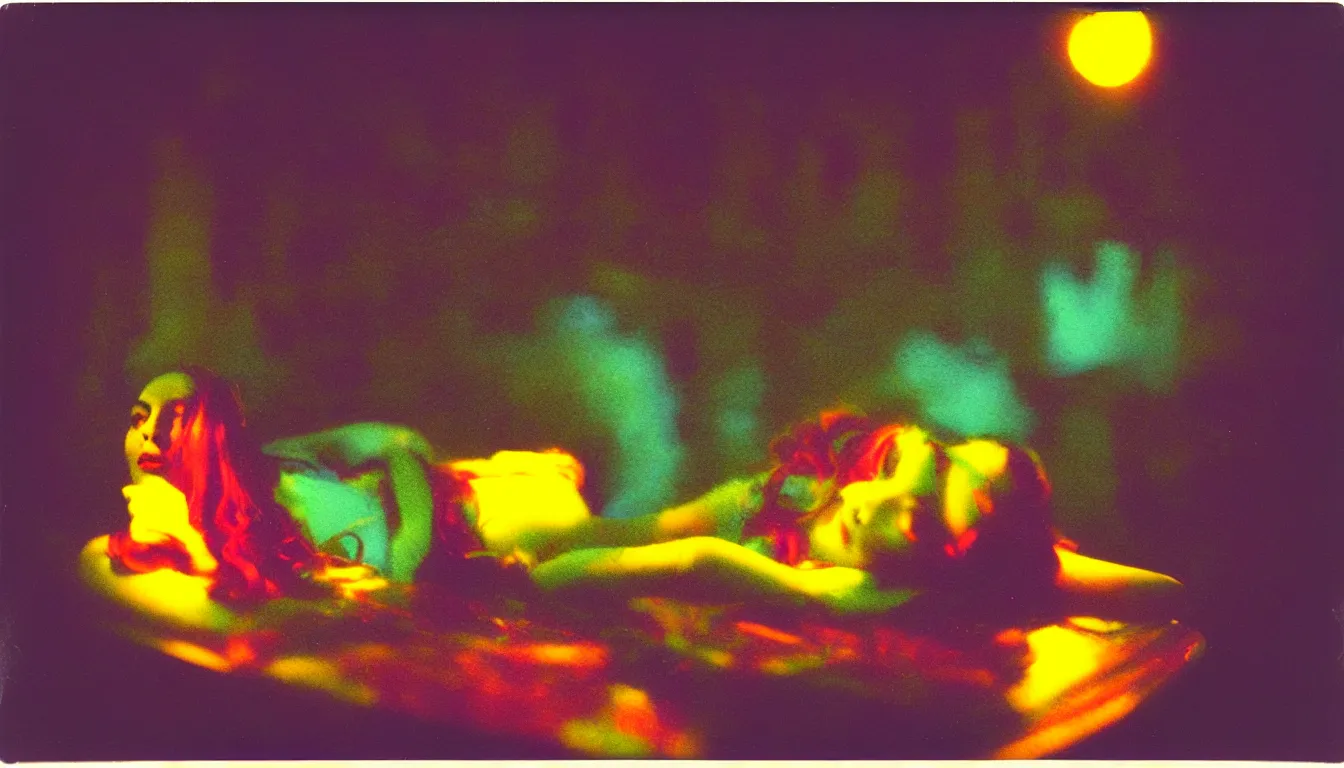 Prompt: colorful instant photograph of lady of shalott in jello in a city at night, polaroid, light leak, raw, nostalgic