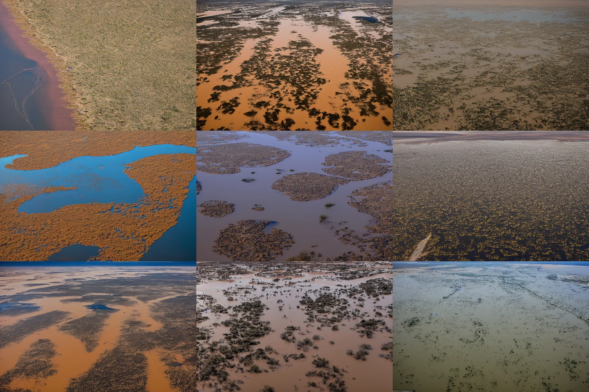 Prompt: Aerial photography, the flooded outback of Australia after the apocalypse